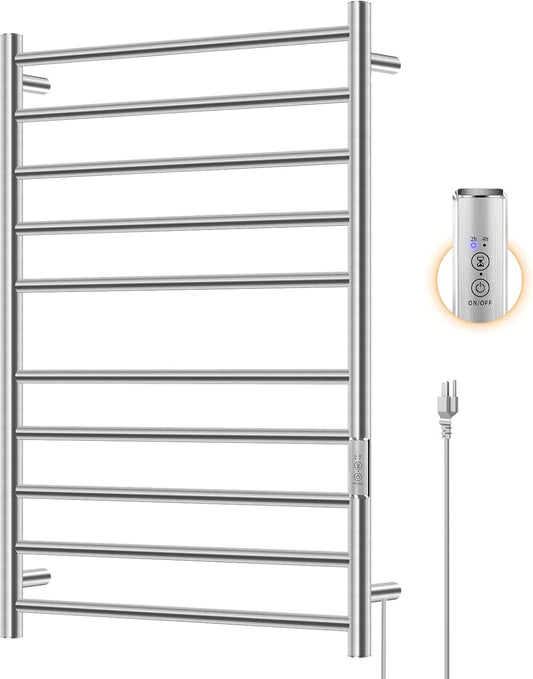 Electric Towel Warmer. Hot Towel Warmer for Bathroom. Heated Towel Rack Stainless Steel 10 Bar Large Rack with Built-in Timer. Plug-in. Fast Heating Nickel