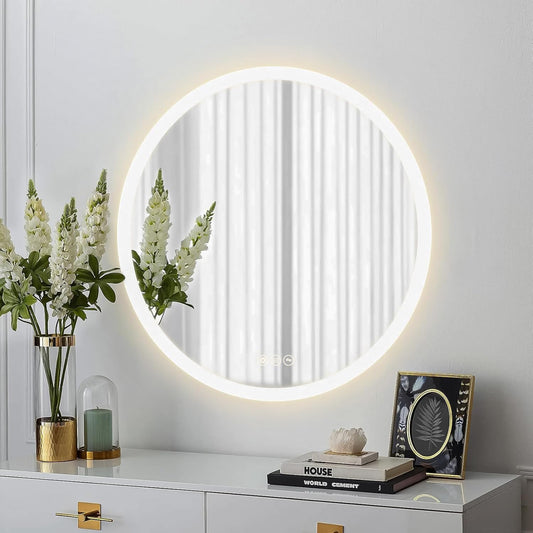 LED Bathroom Mirror with Lights Round 24 inch Backlit Led Lighted Mirror Bathroom. 3 Color Stepless Dimmable Memory Bathroom Vanity Mirror with Lights CRI90+ 3000-6400K