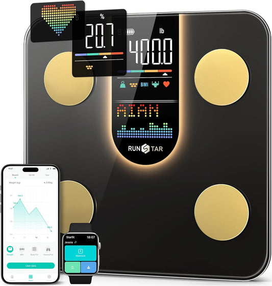 RunStar Scale for Body Weight. Smart Scale with 8-in-1 VA Display. High Precision Bathroom Digital Scale for Body Weight Heart Rate BMI Body Fat 22 Body Composition Sync APP. FSA&HSA Eligible