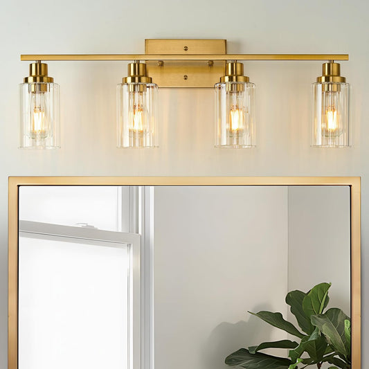 Jonsi Brushed Gold Bathroom Light Fixtures. 4-Light Brushed Gold Vanity Light. Bathroom Vanity Light with Stripe Glass Shade. E26 Wall Sconces Over Mirror for Bathroom. Living Room. Hallway