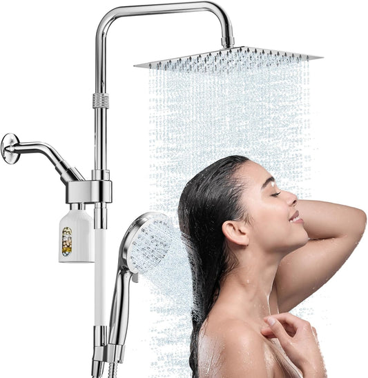 MIAOHUI High Pressure Rain Shower Head with 7 Settings Handheld Spray. Dual Shower Heads with Handheld Spray Combo. 10 Inch Luxury Rainfall Shower Head and Handle Set with Filter (Chrome)