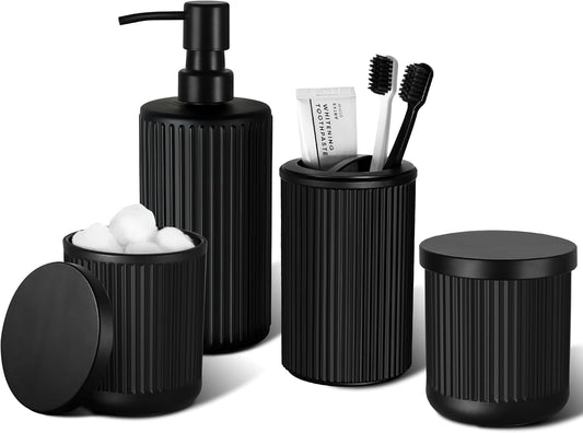 Matte Black Bathroom Accessories Set. 4 Pcs Glass Bathroom Accessory Set. Soap Dispenser. Toothbrush Holder. Qtip Holder Set. Bathroom Sets Complete. Bathroom Sink Set for Modern Home Decor