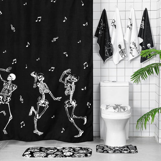 Honoson 8 Pcs Skeleton Shower Curtain Set with Rugs and Kitchen Towels Skeleton Farmhouse Shower Curtain Bathroom Set for Farmhouse Country Summer Halloween Housewarming Gifts Decor