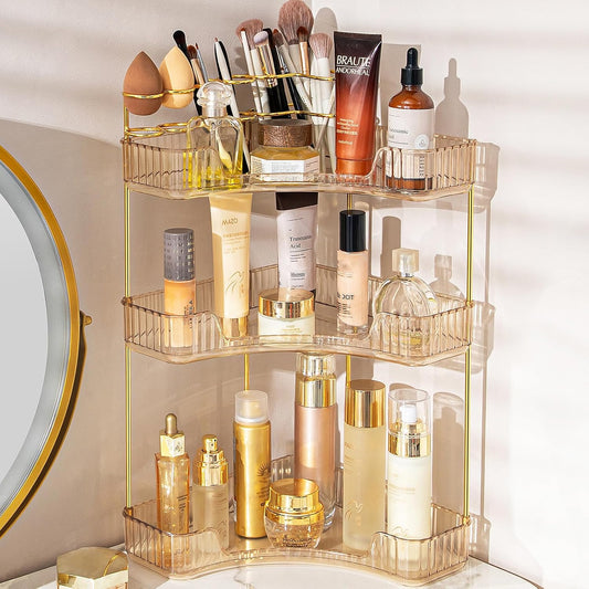 NATURE'S SOURCE Makeup Organizer for Vanity. 3-Tier Corner Bathroom Organizer Countertop with Makeup Brush Holder. Corner Counter Storage for Bathroom Dresser- Amber Gold
