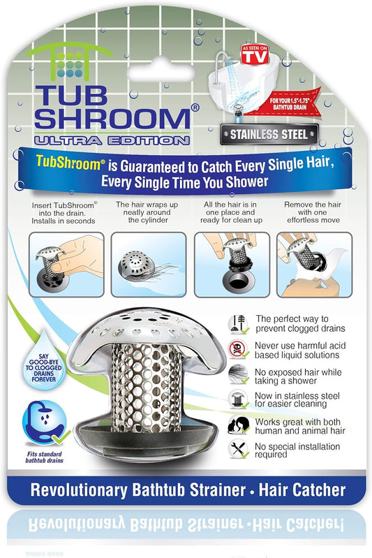 TubShroom Ultra Revolutionary Bath Tub Drain Protector Hair Catcher/Strainer/Snare Stainless Steel. 1-Pack. Silver